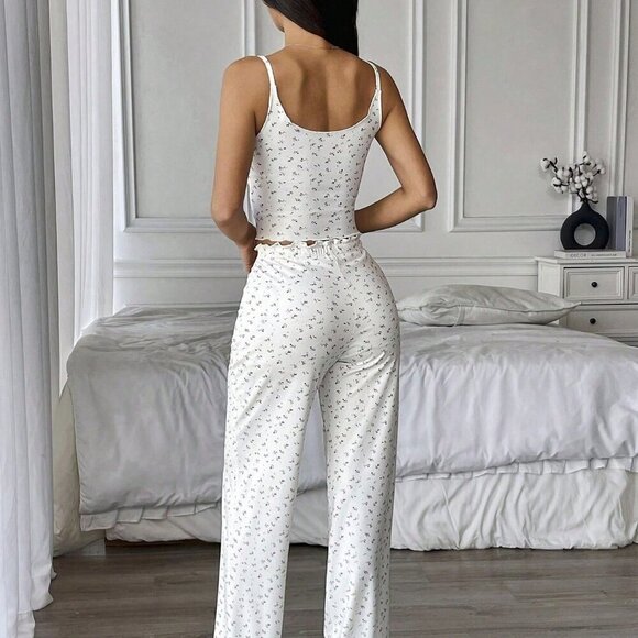 Casual Women's Sleeveless Printed Ribbed Fabric cami top And Pants lounge set - Picture 2 of 6